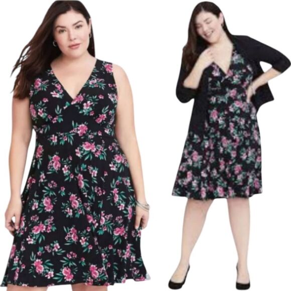 torrid Dresses & Skirts - Torrid Black Pink Floral Jersey Knit Sleeveless Mini Skater Dress Plussize 3X